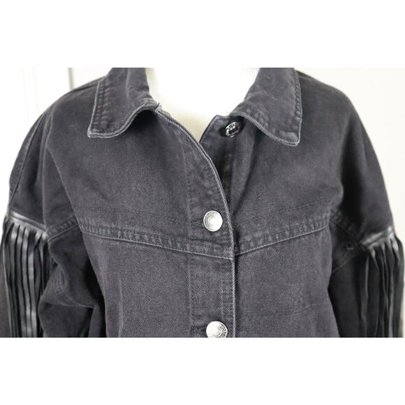 Black Denim Jacket Faux Leather Fringe Western Boho Oversized OX XL Short COTTON - Picture 3 of 10